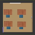 Classroom Interior Design With Wooden Tables Blue Chairs Whiteboard And Purple Door