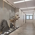 Modern Office Corridor With Light Colored Walls Ceiling Strip Lights And Marble Flooring