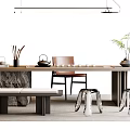Modern Wooden Tea Table and Chairs with Tea Set Bench and Potted Plant