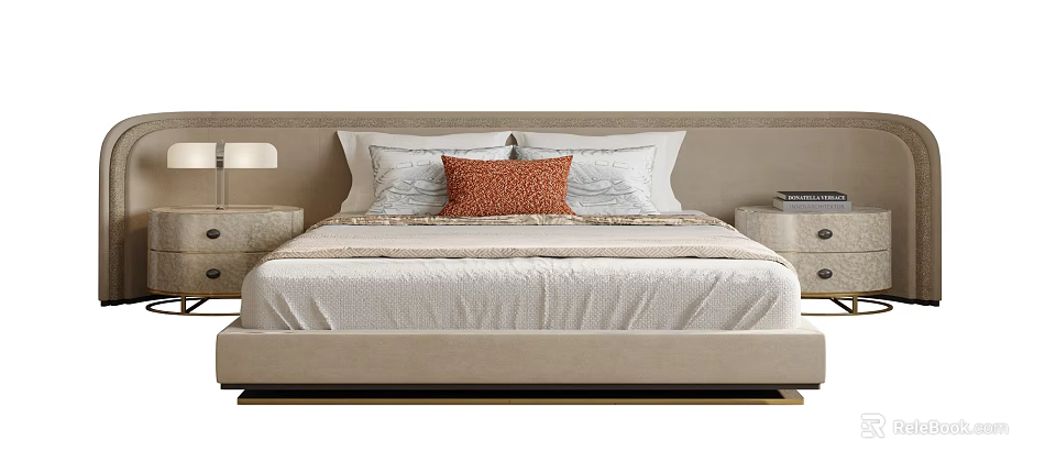 Modern Double Bed With Beige Headboard Decorative Pillows Nightstands Table Lamp And Books 3d model 