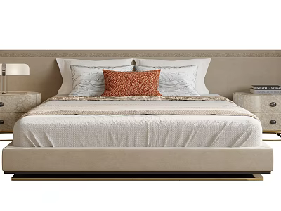 Modern Double Bed With Beige Headboard Decorative Pillows Nightstands Table Lamp And Books 3d model