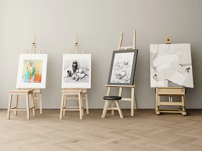 Wooden Art Easels Displaying Paintings On Light Colored Wall And Wooden Floor 3d model