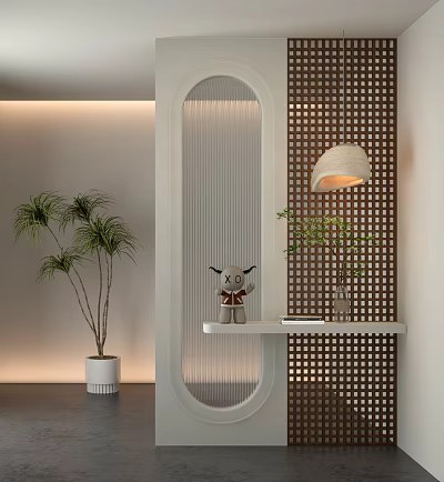 Modern Arched Partition With Latticed Design Potted Plant Decorative Figurine Table Lamp On Shelf 3d model