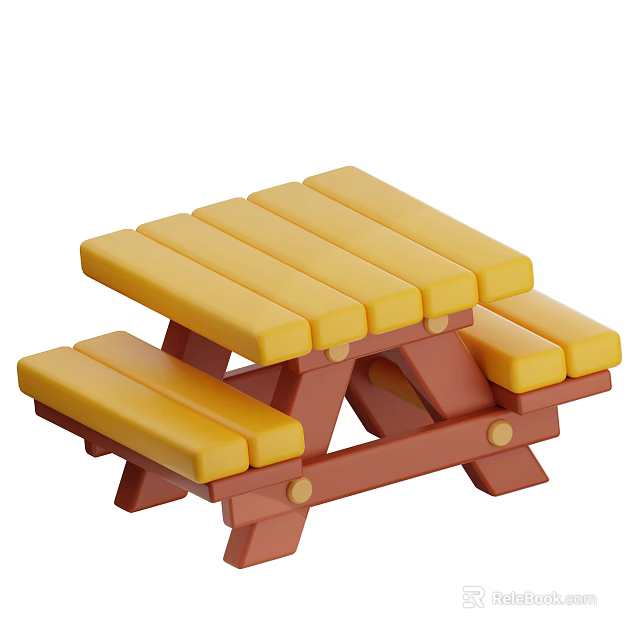 Outdoor Picnic Bench Table Set With Yellow Wooden Planks Top And Seats Brown Frame 3d model 