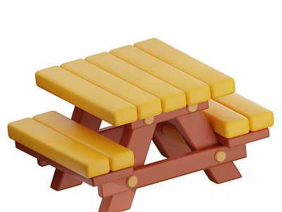 Outdoor Picnic Bench Table Set With Yellow Wooden Planks Top And Seats Brown Frame 3d model