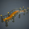 Arched Garden Bridge With Wooden Deck Black Railings And Lamp Posts