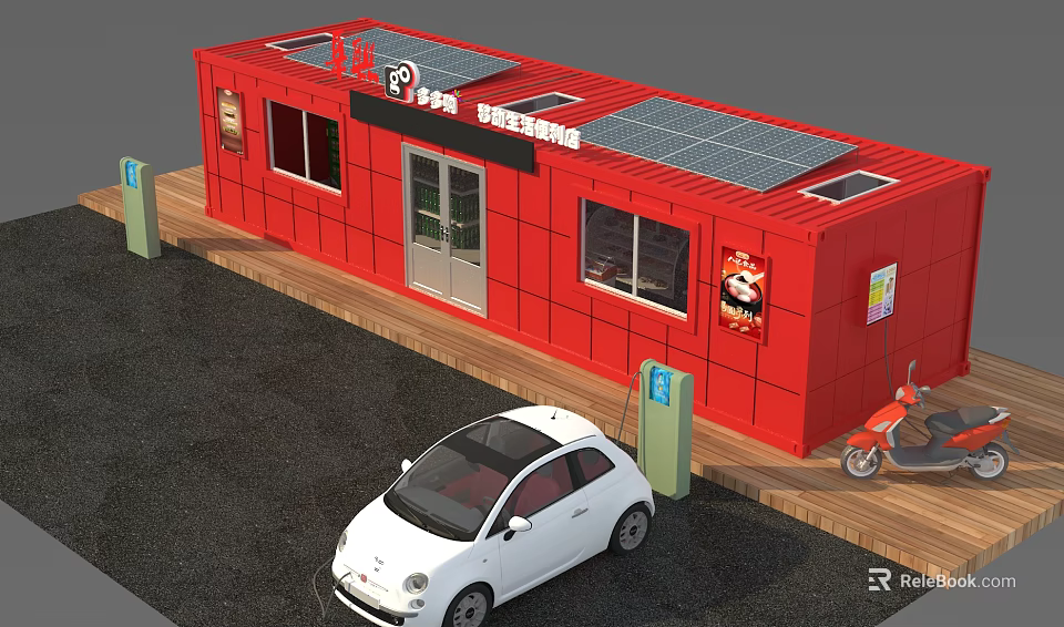 Red Container Shop Building With Solar Panels Charging Stations Car And Scooter 3d model 