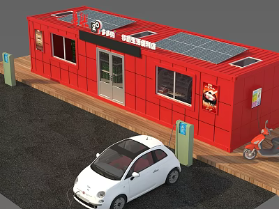 Red Container Shop Building With Solar Panels Charging Stations Car And Scooter 3d model