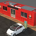 Red Container Shop Building With Solar Panels Charging Stations Car And Scooter