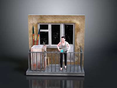 Balcony With Wall Window Railing Person Holding Cup And Storage Box 3d model