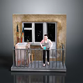 Balcony With Wall Window Railing Person Holding Cup And Storage Box