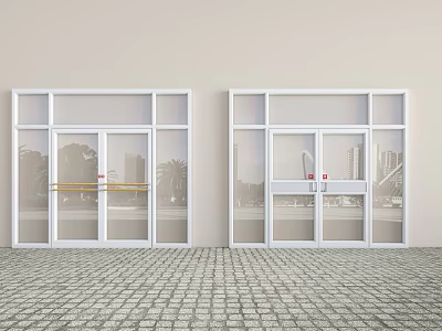 White Framed Sliding Glass Doors With Urban View And Palm Trees On Paved Floor 3d model