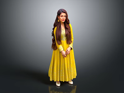 A Woman in Yellow Flowy Dress with Long Hair and Earrings Standing Against Gray Background 3d model