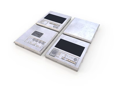 Three Silver Electronic Control Panel Devices With Screens And Buttons 3d model