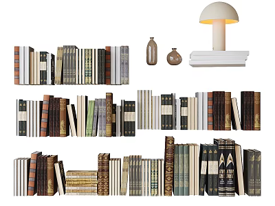 Various Colored Books Collection In Multiple Rows With Table Lamp And Small Bottles 3d model