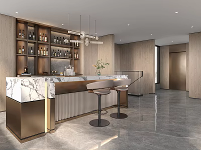Modern Entertainment Room With Bar Stools Marble Counter And Wine Shelves 3d model