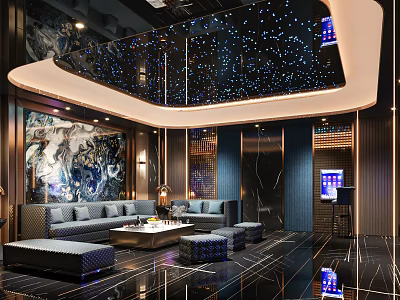 Elegant KTV Interior Design Featuring Starry Ceiling Comfortable Sofa And Artistic Mural 3d model