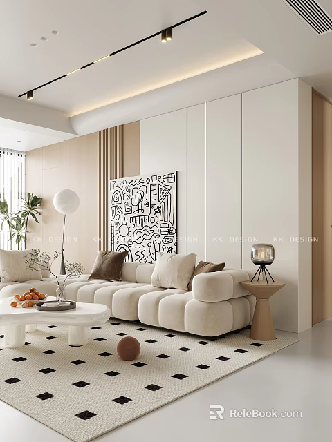 Modern Living Dining Room Interior With Beige Sofa Abstract Artwork And Coffee Table 3d model 