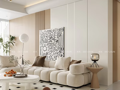 Modern Living Dining Room Interior With Beige Sofa Abstract Artwork And Coffee Table 3d model