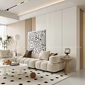 Modern Living Dining Room Interior With Beige Sofa Abstract Artwork And Coffee Table