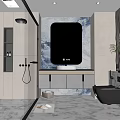Modern Bathroom Interior With Marble Walls Glass Shower Oval Mirror And Wall Mounted Toilet