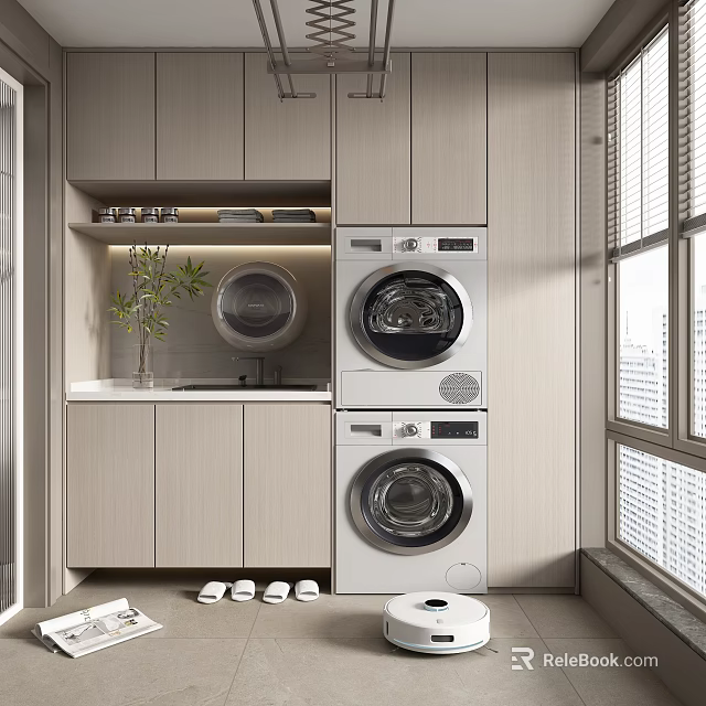 Home Balcony Laundry Space With Stacked Washing Machine Dryer Cabinetry Sink And Green Plant 3d model 