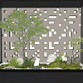 Indoor Landscape Design With Green Trees Grass Stones Round Lights Perforated Wall And Glass Partition