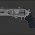 Futuristic Sci Fi Revolver with Metallic Body Mechanical Parts Green Textured Grip and Red Emblem