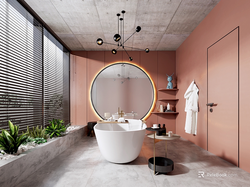 Modern Pink Bathroom With Round Mirror White Bathtub And Plants 3d model 