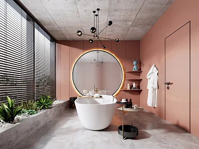 Modern Pink Bathroom With Round Mirror White Bathtub And Plants 3d model