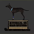 Ancient Dog Statue With Blue Collar Standing On Ornate Carved Pedestal