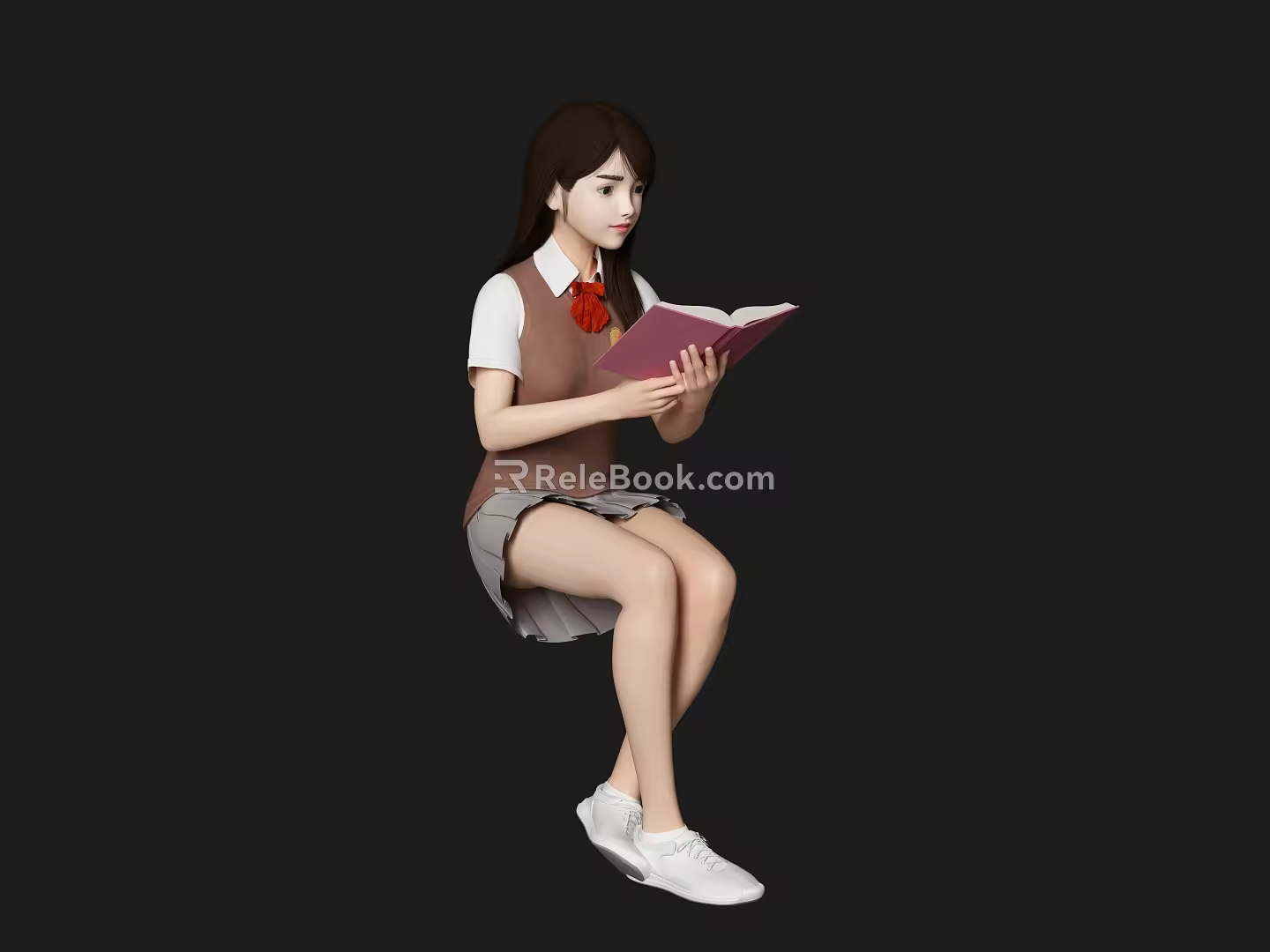 Beautiful woman character reading character reading character student sitting posture character 3d model