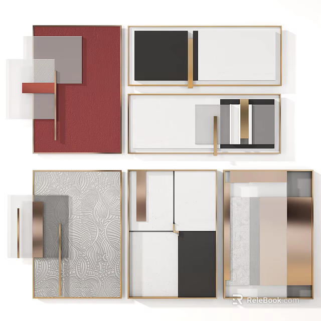 Modern Abstract Geometric Decorative Paintings With Gold Frames And Textured Patterns 3d model