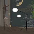 Modern Floor Lamps With Round White Shades In Interior With Green Plant And Wooden Floor