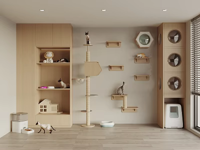 Cozy Cat Room Setup With Wooden Cat Tree Wall Mounted Shelves Litter Box And Cat House Accessories 3d model