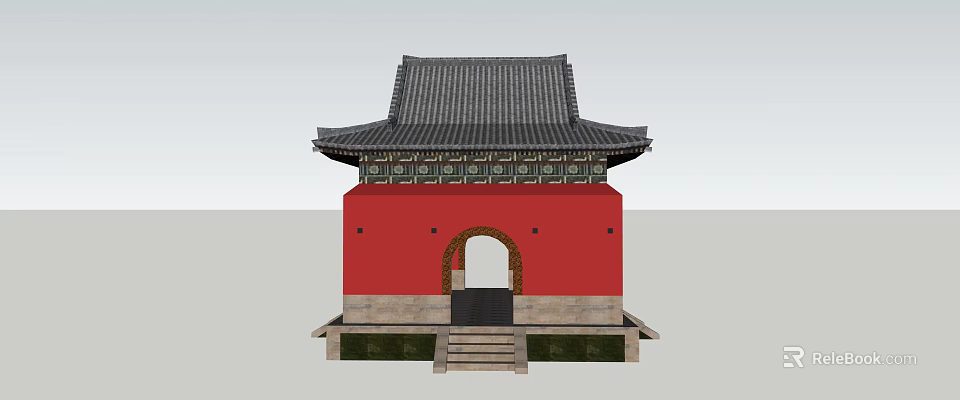 Traditional Chinese Ancient Architecture With Red Walls Black Tiled Roof And Arched Doorway Stone Steps 3d model 