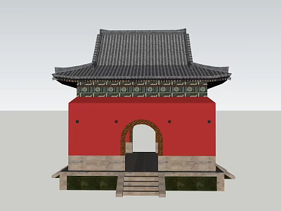 Traditional Chinese Ancient Architecture With Red Walls Black Tiled Roof And Arched Doorway Stone Steps 3d model