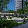 Water Fountain in Serene Urban Park with Tall Trees Modern Buildings and Lush Greenery