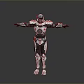 Futuristic Humanoid Robot In Mechanical Armor With Red White Details And Outstretched Arms