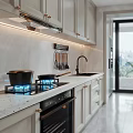 Modern Kitchen Interior With Light Gray Cabinets Marble Countertops Gas Stove And City View