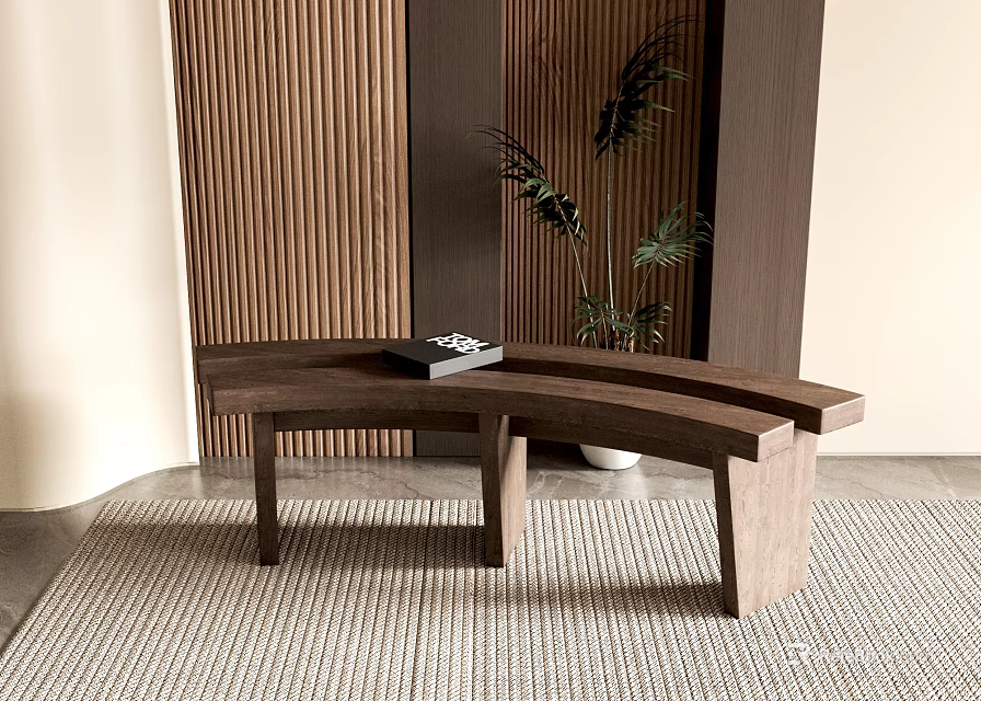 Modern Curved Wooden Single Chair with Woven Rug Wooden Wall and Green Plant 3d model 