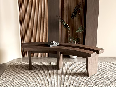 Modern Curved Wooden Single Chair with Woven Rug Wooden Wall and Green Plant 3d model