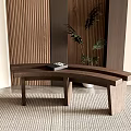 Modern Curved Wooden Single Chair with Woven Rug Wooden Wall and Green Plant