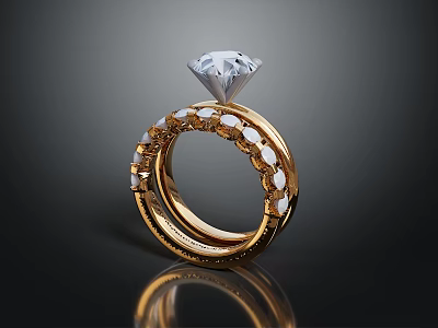 Elegant Gold Ring With Large Diamond And Small Gemstones In Intricate Band 3d model