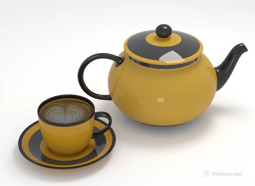 Vibrant Yellow Teapot With Black Handle And Coffee Cup On Saucer Featuring Latte Art 3d model 