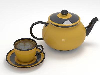 Vibrant Yellow Teapot With Black Handle And Coffee Cup On Saucer Featuring Latte Art 3d model