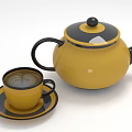 Vibrant Yellow Teapot With Black Handle And Coffee Cup On Saucer Featuring Latte Art