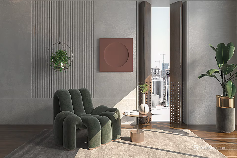 Green Modern Armchair With Side Table Vase Gray Wall And City View 3d model 