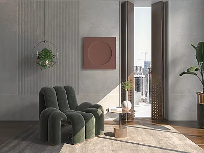 Green Modern Armchair With Side Table Vase Gray Wall And City View 3d model