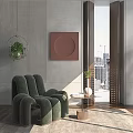 Green Modern Armchair With Side Table Vase Gray Wall And City View